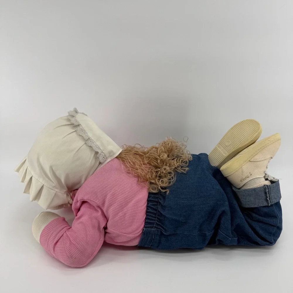 Vintage Time Out Doll Faceless Soft Sculpture Blonde Curly Hair Pink Denim